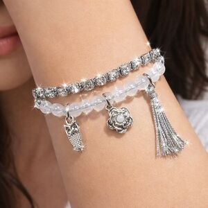 Crystal Silver Beaded Charm Layered Bracelet, Women Stackable Adjustable Jewelry